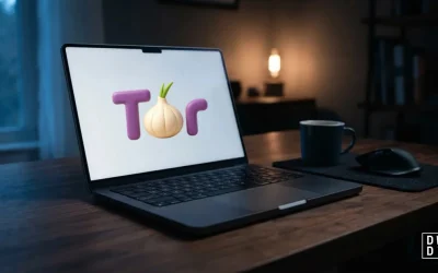 Laptop on a dark desk showing Tor Browser, used in a step-by-step guide to installing Tor Browser safely.