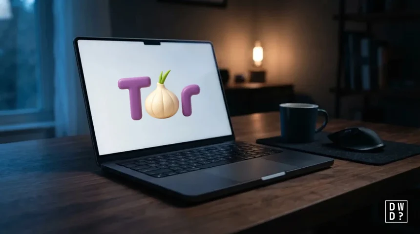 Laptop on a dark desk showing Tor Browser, used in a step-by-step guide to installing Tor Browser safely.
