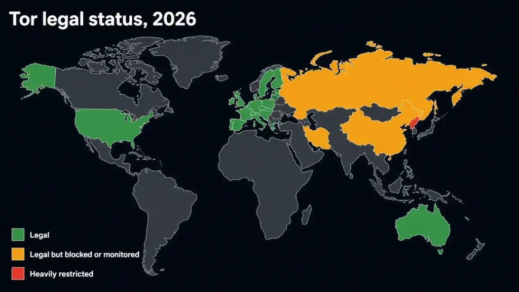 World map of Tor legal status in 2026, with the US, UK, EU and Australia marked legal, Russia, China and Iran legal but blocked or monitored, and North Korea heavily restricted