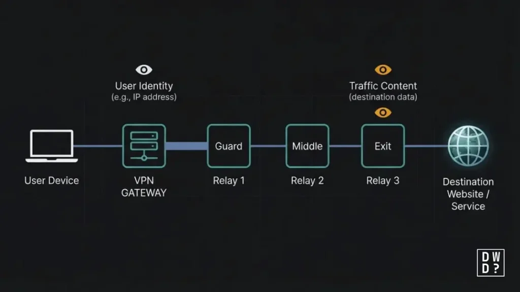 Diagram of traffic passing through one VPN server then three Tor relays, showing what each hop can see