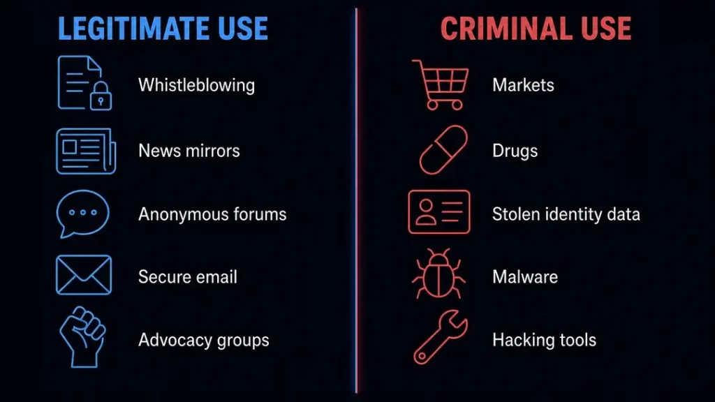 Two-column comparison of what is on the dark web, with whistleblowing, news mirrors, forums, secure email and advocacy groups on one side and markets, drugs, stolen identity data, malware and hacking tools on the other