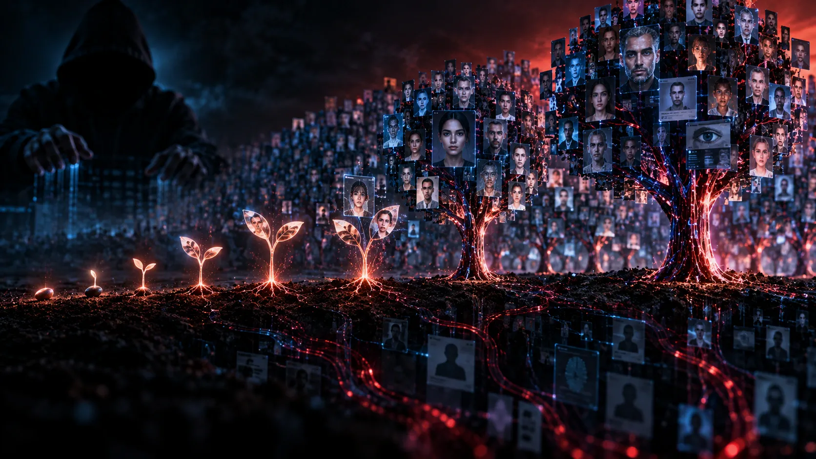 A dark digital landscape where small glowing seeds of deepfake technology