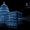Wireframe illustration of a government building with data files streaming out through a crack, labelled 5.79 TB across 1,440,000 files stolen in the Berlin Rhysida ransomware attack.