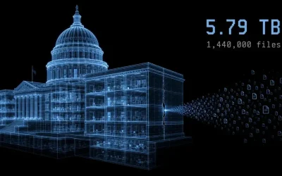 Wireframe illustration of a government building with data files streaming out through a crack, labelled 5.79 TB across 1,440,000 files stolen in the Berlin Rhysida ransomware attack.