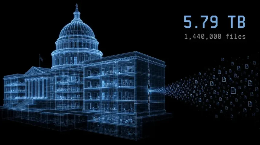 Wireframe illustration of a government building with data files streaming out through a crack, labelled 5.79 TB across 1,440,000 files stolen in the Berlin Rhysida ransomware attack.
