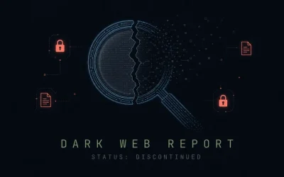 Cracked magnifying glass made of blue circuit lines powering down while data fragments drift away, illustrating the shutdown of Google's Dark Web Report
