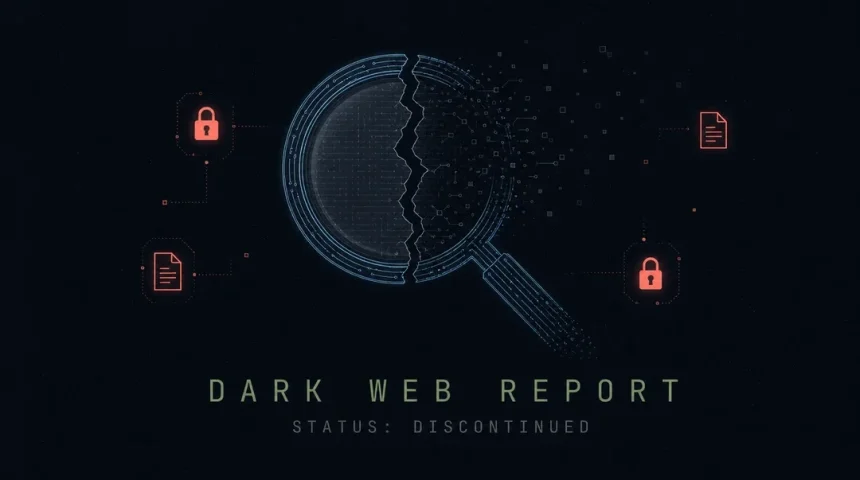 Cracked magnifying glass made of blue circuit lines powering down while data fragments drift away, illustrating the shutdown of Google's Dark Web Report