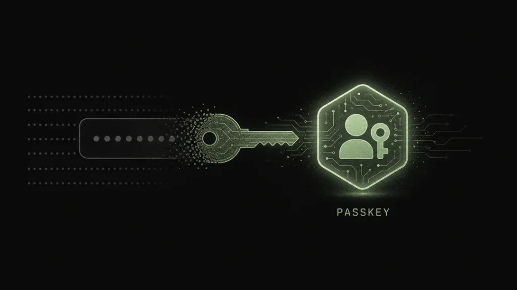 A key transforming into a glowing passkey token as a password field dissolves behind it, showing Google's shift toward passkeys and Security Checkup