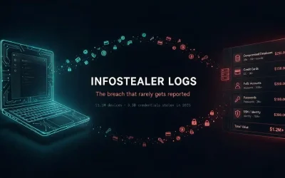 Laptop quietly leaking passwords, cookies, cards and crypto keys in a thin stream toward a dark web marketplace, illustrating how infostealer logs are stolen and sold without victims noticing.