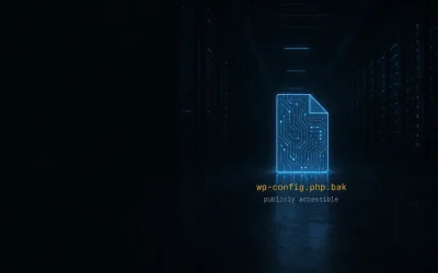 Glowing wireframe file icon labelled wp-config.php.bak alone in a dark server corridor, illustrating the WordPress backup files allegedly left publicly accessible on Sonora government portals.