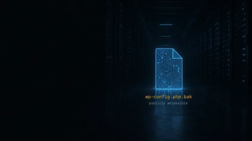 Glowing wireframe file icon labelled wp-config.php.bak alone in a dark server corridor, illustrating the WordPress backup files allegedly left publicly accessible on Sonora government portals.