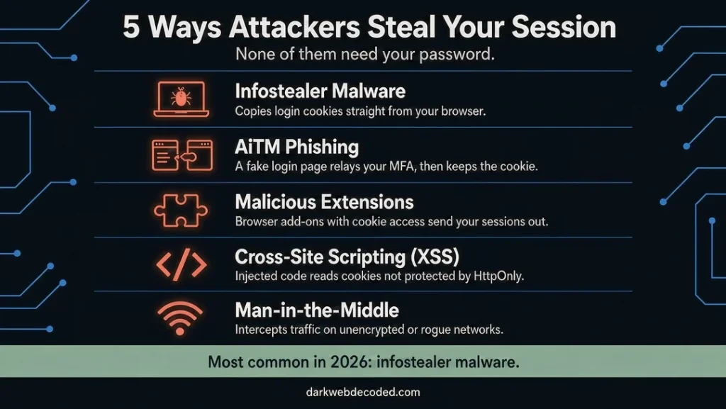 Infographic listing five session hijacking methods: infostealer malware, AiTM phishing, malicious extensions, cross-site scripting and man-in-the-middle attacks.