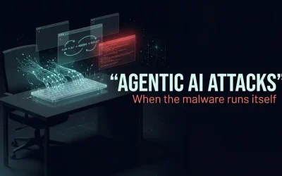 Glowing circuit-line robotic hand typing on a holographic keyboard beside an empty chair, illustrating an AI agent running a cyberattack without a human operator.