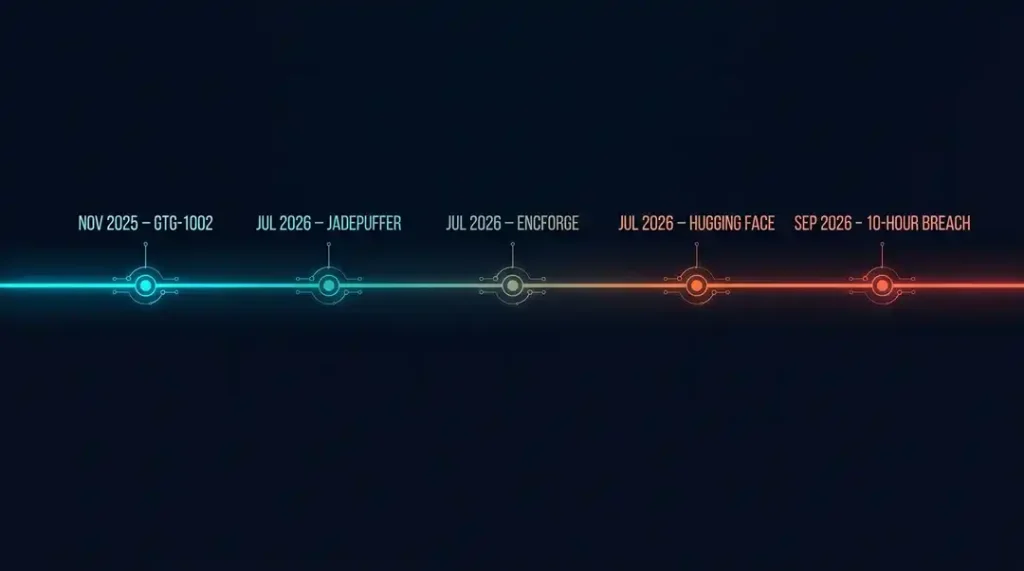 Timeline of documented agentic AI attacks from GTG-1002 in November 2025 to JadePuffer, ENCFORGE, the Hugging Face incident and the 10-hour Unit 42 breach in 2026.