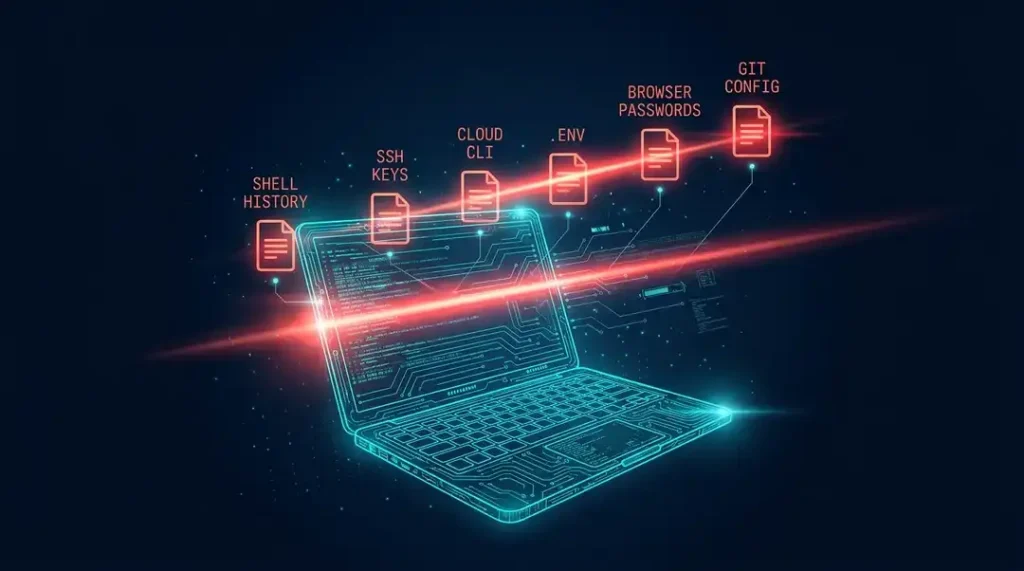 Red scanning beam passing over a laptop as shell history, SSH keys, cloud CLI configs, environment files, browser passwords and git configs are pulled out.