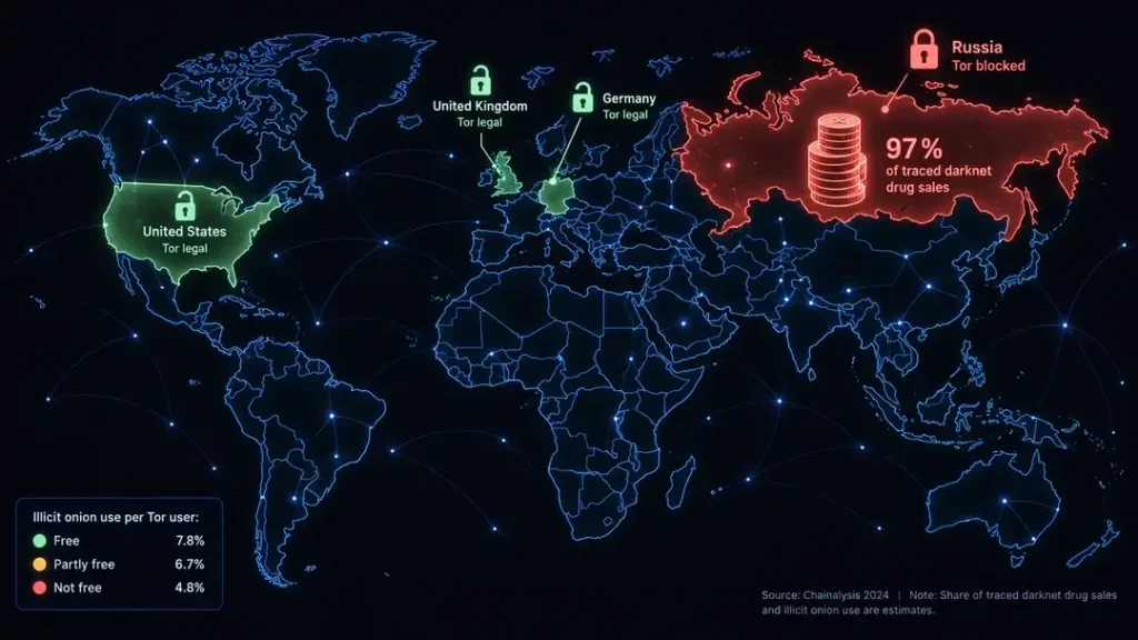 World map showing Tor blocked in Russia alongside most traced darknet drug sales, while Tor is legal in the US, Germany and the UK