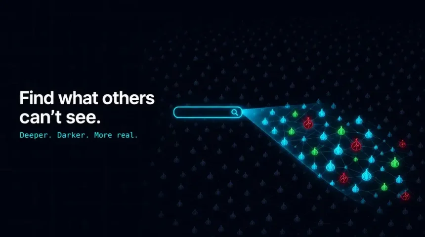Search bar spotlight lighting up only a small slice of a vast dark onion network, showing that dark web search engines index less than 5% of onion services