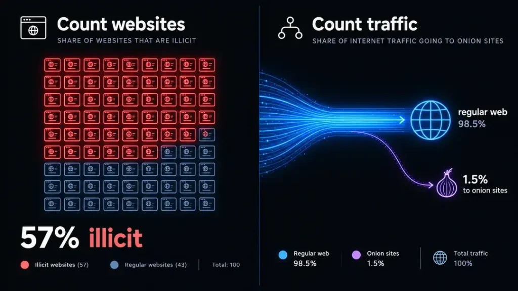 Comparison showing 57 percent of crawled onion sites are illicit, while only 1.5 percent of Tor traffic goes to onion sites at all