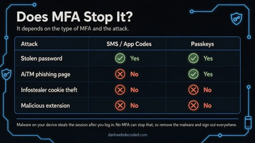 Chart comparing SMS or app-code MFA with passkeys: both stop stolen passwords, only passkeys stop AiTM phishing, and neither stops infostealer cookie theft or malicious extensions.