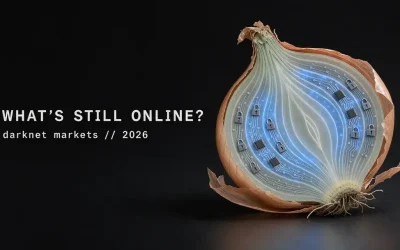 Illustration of glowing dark web storefronts, some still online and others marked as seized, representing active and shut-down darknet marketplaces in 2026