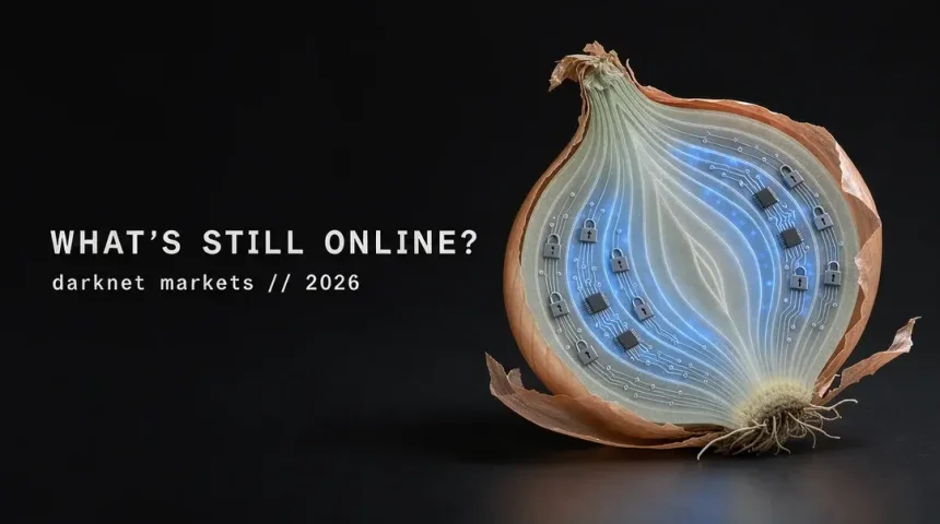 Illustration of glowing dark web storefronts, some still online and others marked as seized, representing active and shut-down darknet marketplaces in 2026
