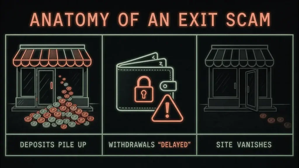Three-step diagram of a darknet exit scam: deposits pile up, withdrawals are delayed, then the site vanishes with users’ funds.
