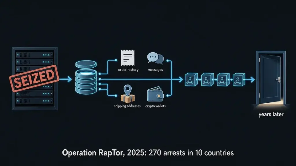 Diagram showing how a seized dark web market server exposes order history, messages, addresses and crypto wallets that lead police to buyers