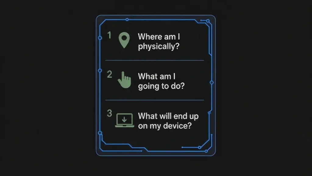 Checklist of three questions to ask before using Tor, covering where you are, what you plan to do and what ends up on your device