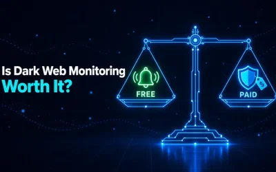 Glowing circuit-line balance scale weighing a free alert bell against a paid shield with a price tag, with the headline Is Dark Web Monitoring Worth It