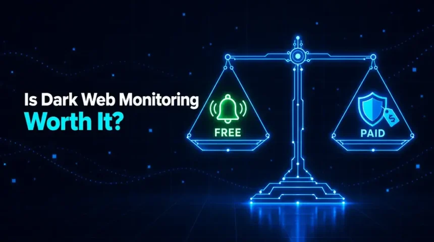 Glowing circuit-line balance scale weighing a free alert bell against a paid shield with a price tag, with the headline Is Dark Web Monitoring Worth It