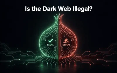 Glowing circuit-line onion split into a green legal half and a red illegal half, with the headline Is the Dark Web Illegal