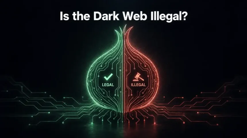Glowing circuit-line onion split into a green legal half and a red illegal half, with the headline Is the Dark Web Illegal