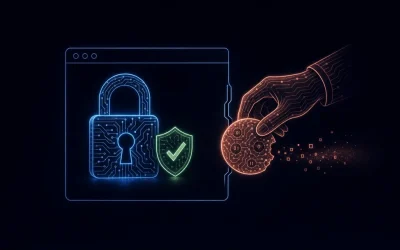 A glowing locked padlock with an MFA checkmark shield stays intact while a hand slips a circuit-line browser cookie out of a browser window, showing how session hijacking bypasses MFA.