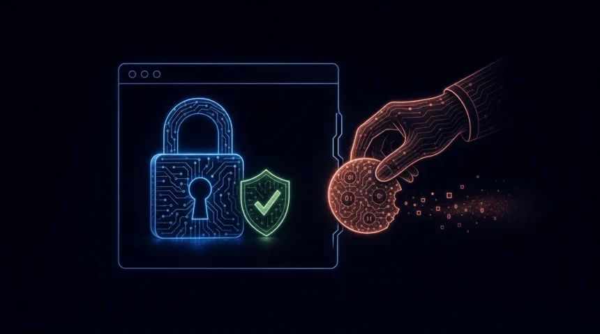 A glowing locked padlock with an MFA checkmark shield stays intact while a hand slips a circuit-line browser cookie out of a browser window, showing how session hijacking bypasses MFA.