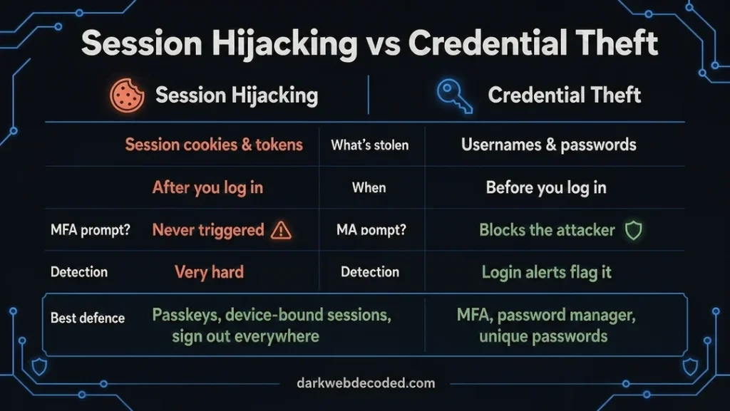 Side-by-side comparison of session hijacking and credential theft showing what is stolen, when it happens, whether MFA is triggered, how hard it is to detect, and the best defences.