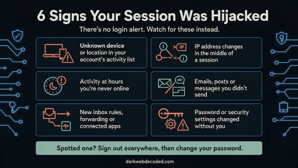 Checklist of six warning signs of session hijacking, including unknown devices, sudden IP changes, odd-hour activity and unexpected setting changes.