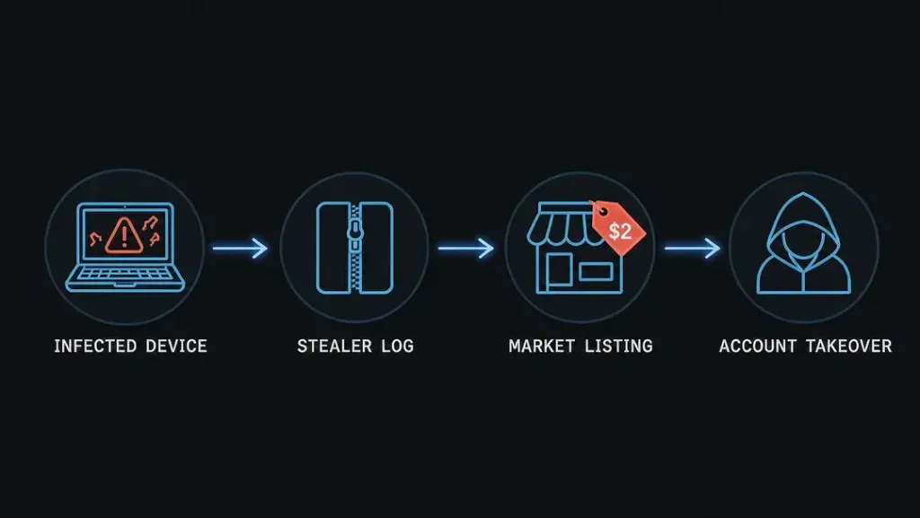 Diagram of how stealer logs move from an infected device to a dark web market listing and then to account takeover, with logs priced from $2.