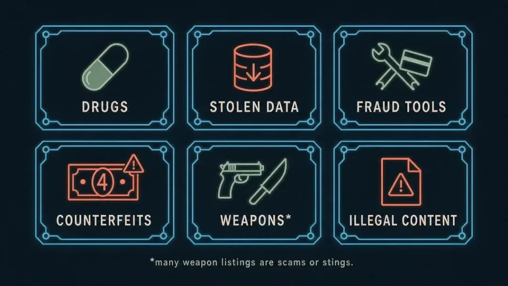 Infographic grid of six product categories on dark web marketplaces: drugs, stolen data, fraud tools, counterfeits, weapons and illegal content.