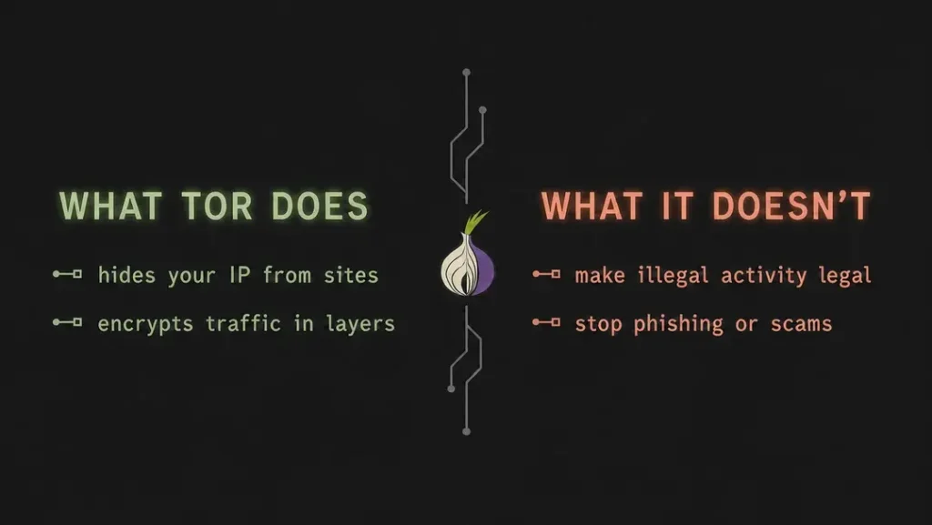 Split infographic comparing what Tor does, hiding your IP and encrypting traffic, with what it doesn’t do, making illegal activity legal or stopping scams.